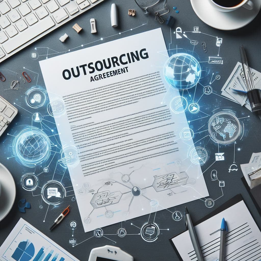 A paper contract with the words "Outsourcing Agreement" written in bold letters near the top, surrounded by various types of business equipment and technology.