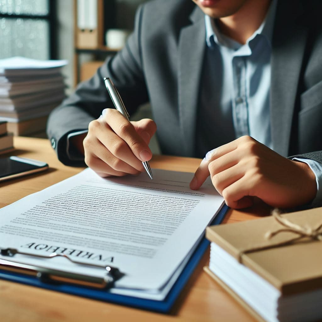 A person sitting at a desk with a stack of papers in front of them, a pen in one hand examining an agreement
